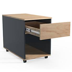 Rollcontainer Dalosa, 1 griffloser Schub & 1 Fach, B 390 x T 700 x H 550 mm, Holz, anthrazit/Honig-Eiche