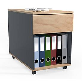 Rollcontainer Dalosa, 1 griffloser Schub & 1 Fach, B 390 x T 700 x H 550 mm, Holz, anthrazit/Honig-Eiche