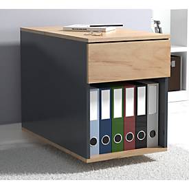 Rollcontainer Dalosa, 1 griffloser Schub & 1 Fach, B 390 x T 700 x H 550 mm, Holz, anthrazit/Honig-Eiche