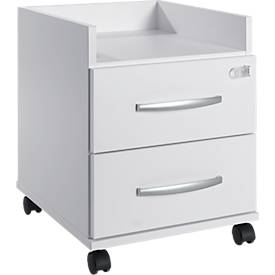Rollcontainer, ideal für das Homeoffice, 2 Schübe mit Griffen, Ablagefach, Zentralverschluss, inkl. 2 Kippschlüssel, B 409 x T 459 x H 507 mm, weiß