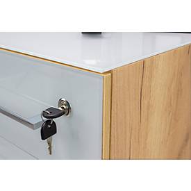 Rollcontainer MONTERIA, 3 Schübe mit Selbsteinzug, Glasfront & -auflage, B 400 x T 500 x H 550 mm, Navarra Eiche/weiß