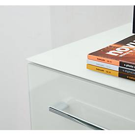 Rollcontainer MONTERIA, 3 Schübe mit Selbsteinzug, Glasfront & -auflage, B 400 x T 500 x H 550 mm, weiß