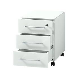 Rollcontainer MONTERIA, 3 Schübe mit Selbsteinzug, Glasfront & -auflage, B 400 x T 500 x H 550 mm, weiß