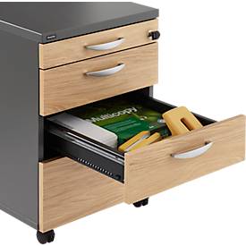 Rollcontainer NEVADA, 1 Utensilienauszug, 3 Schubladen, B 430 x T 600 x H 600 mm, dunkelgrau/Eiche