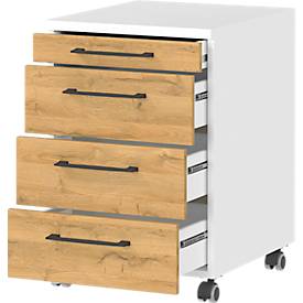 Rollcontainer Profi 2.0, 3 Schuladen, 1 Utensilienauszug, B 420 x T 490 x H 610 mm, Grandson-Eiche/weiß