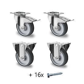Rollen Set für Palettenbehälter Big Box FP-FBO1210 mit Volumen 680 l, 2x Lenkrollen mit Feststeller, 2x Bockrollen & Schrauben, ø 100 mm, TPE, grau