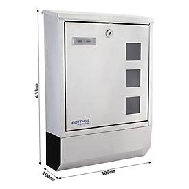Rottner Briefkasten Corto Inox, Wandmontage, Namensschild/Sichtfenster/Postrolle, Zylinderschloss, 2 Schlüssel, Edelstahl, B 300 x T 100 x H 435 mm