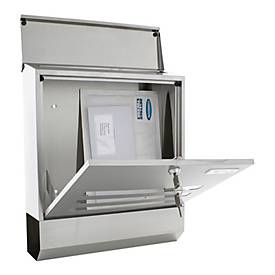 Rottner Briefkasten Jubilee 40, Wandmontage, Namensschlid/Sichtfenster/Postrolle, Zylinderschloss, 2 Schlüssel, Edelstahl, B 350 x T 120 x H 420 mm