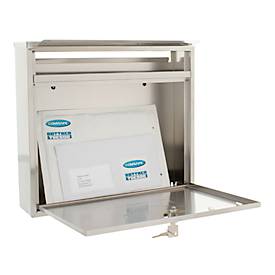 Rottner Briefkasten Teramo, Wandmontage, beidseitiger Einwurf, Namensschlid, Zylinderschloss, inkl. 2 Schlüssel, Edelstahl, B 360 x T 80 x H 320 mm