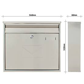 Rottner Briefkasten Teramo, Wandmontage, beidseitiger Einwurf, Namensschlid, Zylinderschloss, inkl. 2 Schlüssel, Edelstahl, B 360 x T 80 x H 320 mm