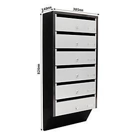 Rottner Briefkastenanlage Depot 6, für 6 Parteien, C4‑Einwurf 330×20 mm, Zylinderschloss je Fach, schwarz/silber