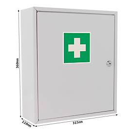 Rottner Medikamentenschrank MK1, Zylinderschloss, mit Aufkleber, B 315 x T 110 x H 360 mm, 12 Liter, Stahlblech, weiß