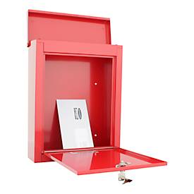 Rottner Wandbriefkasten Brighton, Zylinderschloss, Sichtfenster & Namensschild, B 310 x T 135 x H 400 mm, Stahl, rot
