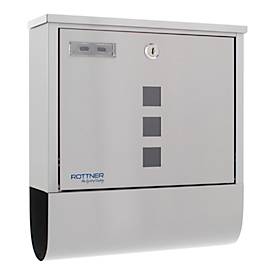 Rottner Wandbriefkasten Costa Inox, Zeitungsfach, Zylinderschloss, Sichtfenster & Namensschild, B 335 x T 100 x H 305 mm, Edelstahl