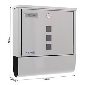 Rottner Wandbriefkasten Costa Inox, Zeitungsfach, Zylinderschloss, Sichtfenster & Namensschild, B 335 x T 100 x H 305 mm, Edelstahl