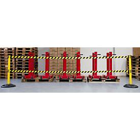 RS-GUIDESYSTEMS® Absperrpfosten GLA 250, Doppelgurt, Gurtauszug 4 m, Bodenteller Ø 410 mm, gelb/ schwarz-gelb