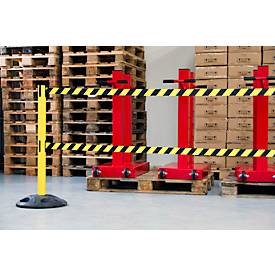RS-GUIDESYSTEMS® Absperrpfosten GLA 250, Doppelgurt, Gurtauszug 4 m, Bodenteller Ø 410 mm, gelb/ schwarz-gelb