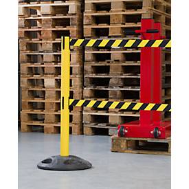 RS-GUIDESYSTEMS® Absperrpfosten GLA 250, Doppelgurt, Gurtauszug 4 m, Bodenteller Ø 410 mm, gelb/ schwarz-gelb