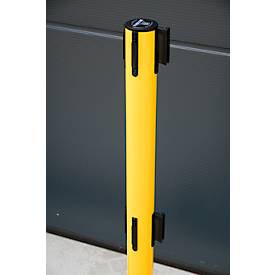 RS-GUIDESYSTEMS® Absperrpfosten GLA 250, Doppelgurt, Gurtauszug 4 m, Bodenteller Ø 410 mm, gelb/ schwarz-gelb