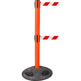 RS-GUIDESYSTEMS® Absperrpfosten GLA 250, Doppelgurt, Gurtauszug 4 m, Bodenteller Ø 410 mm, rot/rot-weiß