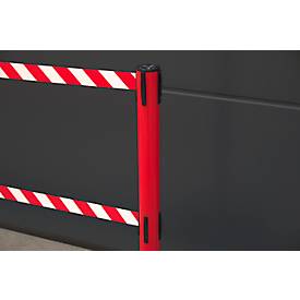 RS-GUIDESYSTEMS® Absperrpfosten GLA 250, Doppelgurt, Gurtauszug 4 m, Bodenteller Ø 410 mm, rot/rot-weiß
