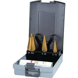 RUKO Blechschälbohrersatz, HSS-TiN, 3-14/5-20/16-30,5 mm, 3 Spannflächen, inkl. Schneidpaste, Kunststoffkassette