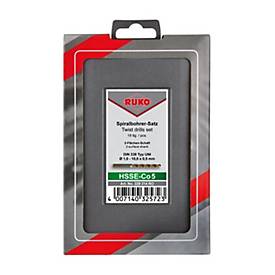 RUKO Spiralbohrer-Satz DIN 338 UNI, HSS-Co5, Ø 1-10 mm, 19-tlg., Dreiflächenschaft, Spitzenwinkel 135°, Kunststoffkassette