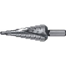 RUKO Stufenbohrer HSS, Ø 4-20 mm, Spiralnut, 2 Schneiden, Spitzenwinkel 118°, L 75 mm, Schaft mit 3 Spannflächen