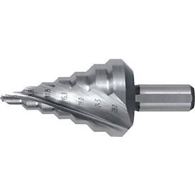 RUKO Stufenbohrer, HSS Spiralnut, Ø 5-28 mm, L 69 mm, 7 Stufen, 2 Schneiden, Spitzenwinkel 118°, Schaft Ø 10 mm