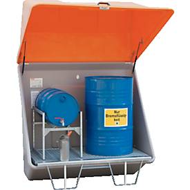 Schadstoff-Sammelstation CEMO, Gitterrost, 200 l Auffangvolumen, Aufstellung im Freien, mit Haube, B 1500 x T 850 x H 21