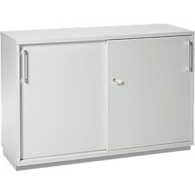 Schäfer Shop Genius Armoire à portes coulissantes TETRIS WOOD, 2 HC, socle en acier inclus, L 1200 x P 421 x H 800 mm, gris clair