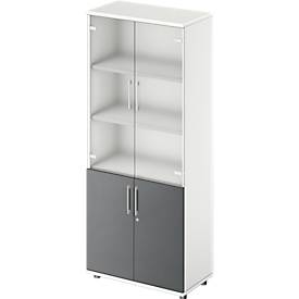 Schäfer Shop Genius Armoire combinée TETRIS WOOD, 5 HC, H 1910 mm Portes vitrées et battantes, hauteur avec patins, blanc/graphite