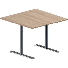 Schäfer Shop Genius Besprechungstisch MODENA FLEX, Quadrat, T-Fuß Rundrohr, B 1000 x T 1000 x H 650-850 mm, Eiche-Dekor/weißaluminium RAL 9006