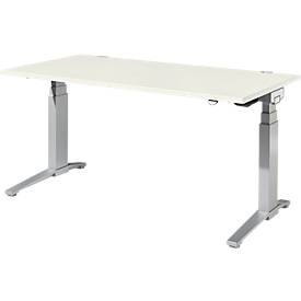 Schäfer Shop Genius Bureau PLANOVA ERGOSTYLE, réglage électrique de la hauteur, 2 niveaux, L 1600 x P 800 x H 645-1305 mm, piètement en C, blanc/aluminium blanc