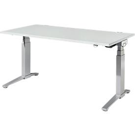 Schäfer Shop Genius Bureau PLANOVA ErgoSTYLE, réglage électrique de la hauteur, 2 niveaux, L 1600 x P 800 x H 645-1305 mm, piètement en C, gris clair/aluminium blanc