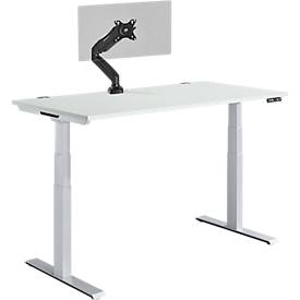 Schäfer Shop Genius desk Modena Flex, electrically height adjustable, T-base, W 1600 x D 800 x H 645-1290 mm, light gray/white aluminum + memory control panel, monitor arm MX8-112