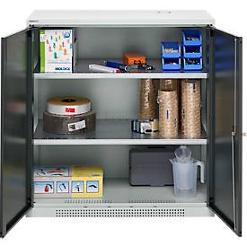 Schäfer Shop Genius Flügeltürenschrank FS, Stahl, mit Belüftungslöchern, B 1055 x T 520 x H 1105 mm, 3 OH, Lichtgrau/Anthrazitgrau, bis 300 kg