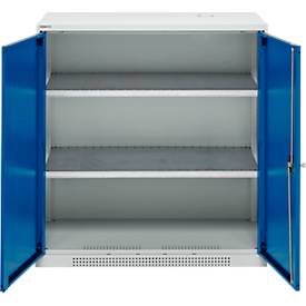 Schäfer Shop Genius Flügeltürenschrank FS, Stahl, mit Belüftungslöchern, B 1055 x T 520 x H 1105 mm, 3 OH, Lichtgrau/Enzianblau, bis 300 kg
