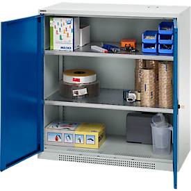 Schäfer Shop Genius Flügeltürenschrank FS, Stahl, mit Belüftungslöchern, B 1055 x T 520 x H 1105 mm, 3 OH, Lichtgrau/Enzianblau, bis 300 kg