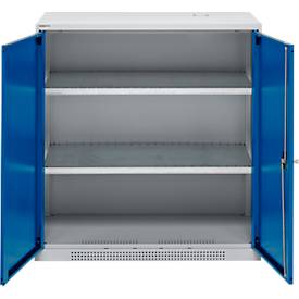 Schäfer Shop Genius Flügeltürenschrank FS, Stahl, mit Belüftungslöchern, B 1055 x T 520 x H 1105 mm, 3 OH, Weißalu/Enzianblau, bis 300 kg