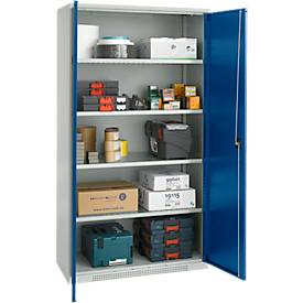 Schäfer Shop Genius Flügeltürenschrank FS, Stahl, mit Belüftungslöchern, B 1055 x T 520 x H 1950 mm, 5 OH, Lichtgrau/Enzianblau, bis 500 kg