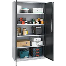 Schäfer Shop Genius Flügeltürenschrank FS, Stahl, mit Belüftungslöchern, B 1055 x T 520 x H 1950 mm, 5 OH, Weißalu/Anthrazitgrau, bis 500 kg