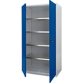 Schäfer Shop Genius Flügeltürenschrank FS, Stahl, mit Belüftungslöchern, B 1055 x T 620 x H 1950 mm, 5 OH, Weißalu/Enzianblau, bis 500 kg 