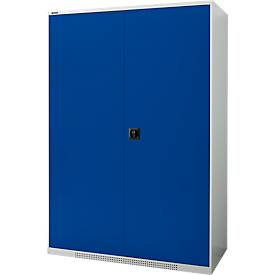Schäfer Shop Genius Flügeltürenschrank FS, Stahl, mit Belüftungslöchern, B 1343 x T 620 x H 1950 mm, 5 OH, Lichtgrau/Enzianblau, bis 750 kg 