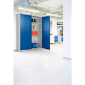 Schäfer Shop Genius Flügeltürenschrank FS, Stahl, mit Belüftungslöchern, B 1343 x T 620 x H 1950 mm, 5 OH, Lichtgrau/Enzianblau, bis 750 kg 
