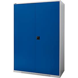 Schäfer Shop Genius Flügeltürenschrank FS, Stahl, mit Belüftungslöchern, B 1343 x T 620 x H 1950 mm, 5 OH, Weißalu/Enzianblau, bis 750 kg 