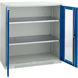 Schäfer Shop Genius Flügeltürenschrank FS, Stahl, Sichtfenster, Lüftungslöcher, B 1055 x T 520 x H 1105 mm, 3 OH, Lichtgrau/Enzianblau, bis 300 kg