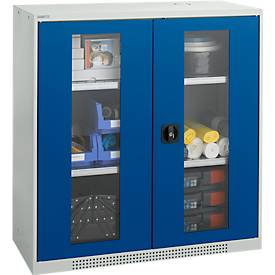 Schäfer Shop Genius Flügeltürenschrank FS, Stahl, Sichtfenster, Lüftungslöcher, B 1055 x T 520 x H 1105 mm, 3 OH, Lichtgrau/Enzianblau, bis 300 kg