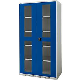 Schäfer Shop Genius Flügeltürenschrank FS, Stahl, Sichtfenster, Lüftungslöcher, B 1055 x T 520 x H 1950 mm, 5 OH, Lichtgrau/Enzianblau, bis 500 kg 