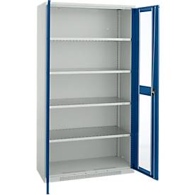 Schäfer Shop Genius Flügeltürenschrank FS, Stahl, Sichtfenster, Lüftungslöcher, B 1055 x T 520 x H 1950 mm, 5 OH, Lichtgrau/Enzianblau, bis 500 kg 